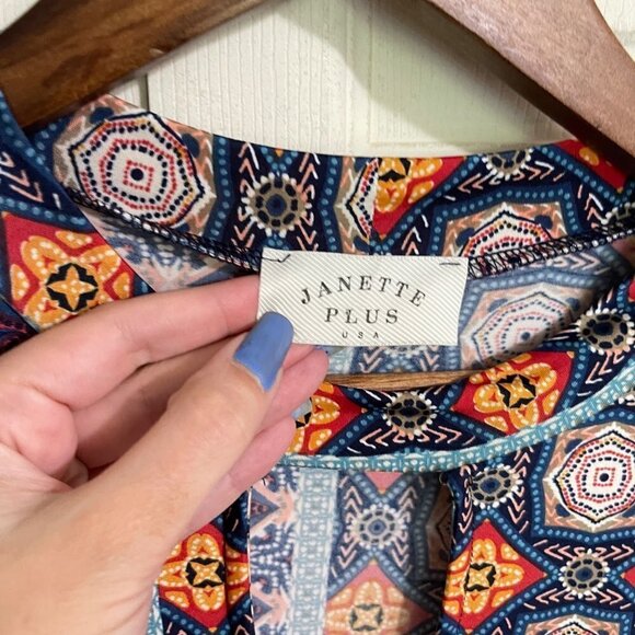 Janette Plus Womens Blue Geometric Keyhole Long Sleeve Boho Stretch Dress Medium - Picture 2 of 5